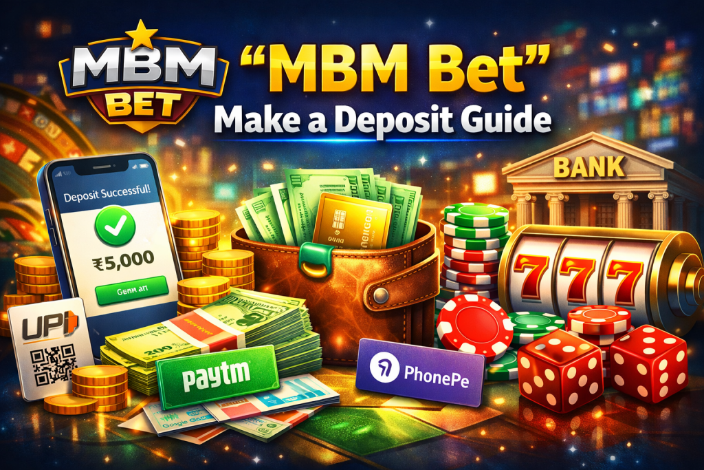 MBM Bet Make a Deposit guide banner showing MBM Bet logo, smartphone deposit confirmation, UPI and Paytm payment options, casino chips and slot machine illustrating MBM Bet deposit process