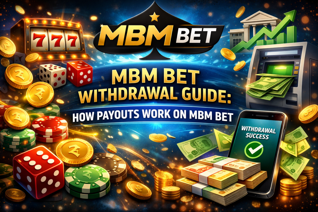 MBM Bet withdrawal guide banner showing MBM Bet logo, casino chips, slot machine 777, smartphone payout confirmation and ATM cash withdrawal illustrating how MBM Bet withdrawals work