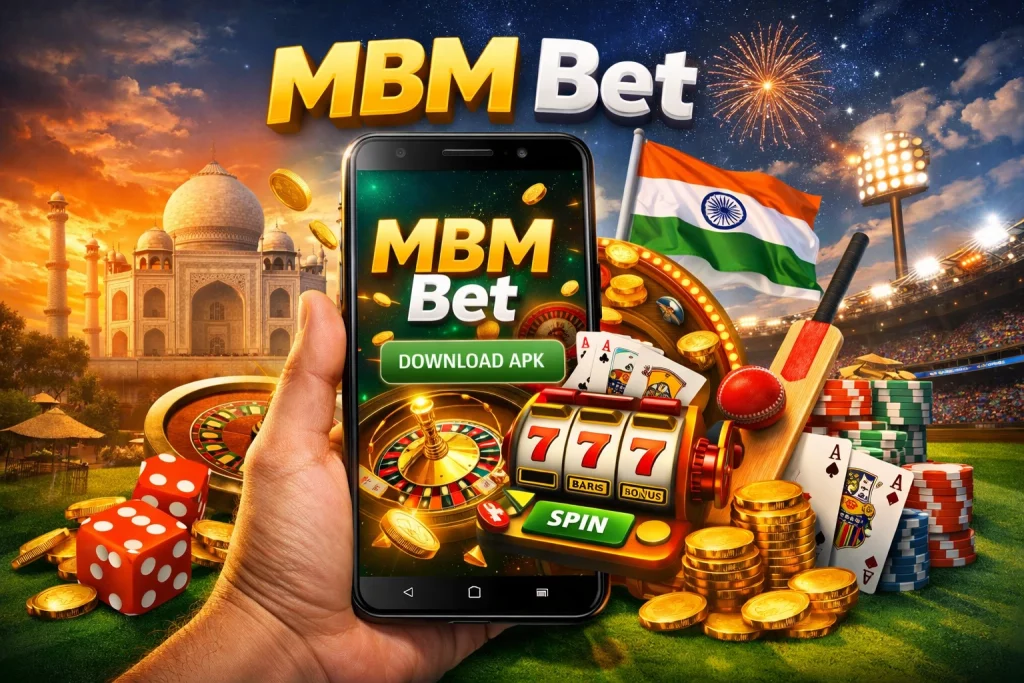 MBM Bet APK mobile app banner showing smartphone with MBM Bet casino interface, slot machine, poker cards, Indian flag and Taj Mahal background