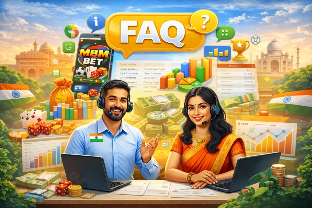 MBM Bet FAQ support illustration for Indian users with customer service agents, betting app interface, payment charts and Taj Mahal background