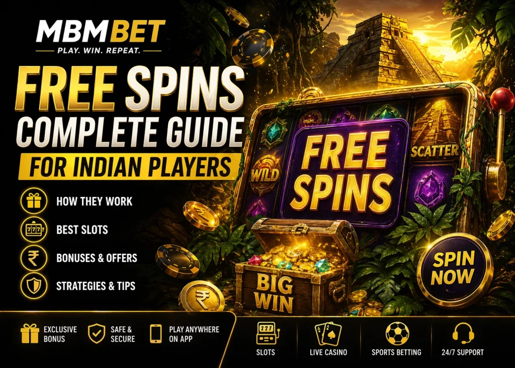 MBM Bet Free Spins complete guide banner for Indian players with slot reels, gold coins, jungle temple and bonus theme