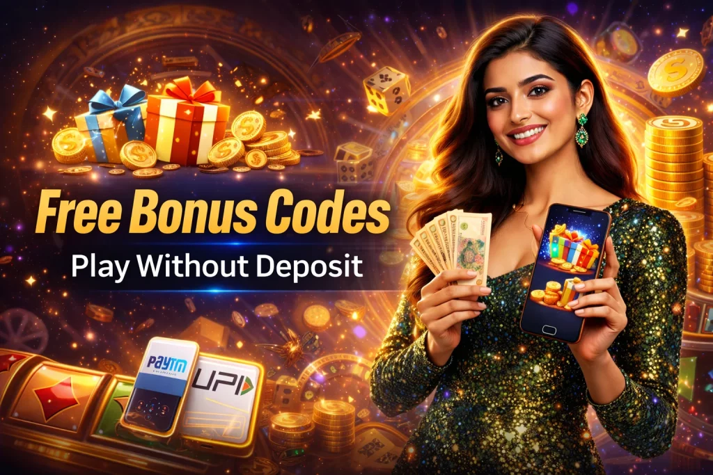 MBM Bet no deposit bonus banner showing free bonus codes, smartphone with gift rewards, casino coins, Paytm and UPI payments, play without deposit offer for India players