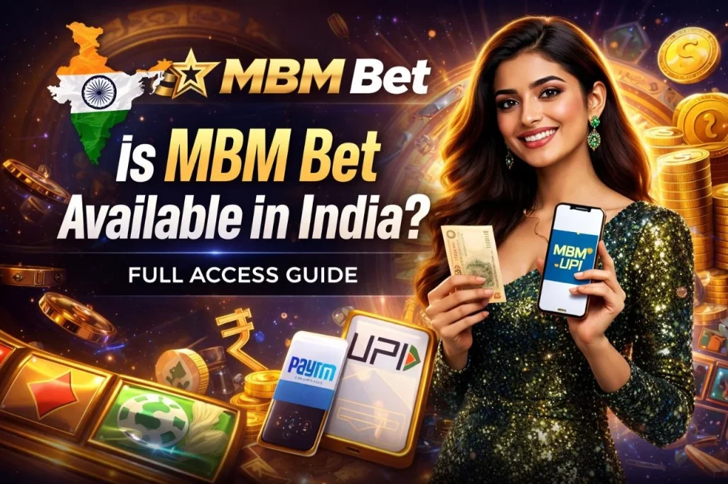 MBM Bet India availability banner showing MBM Bet logo, Indian player with smartphone, UPI and Paytm payments, casino chips and text Is MBM Bet Available in India Full Access Guide