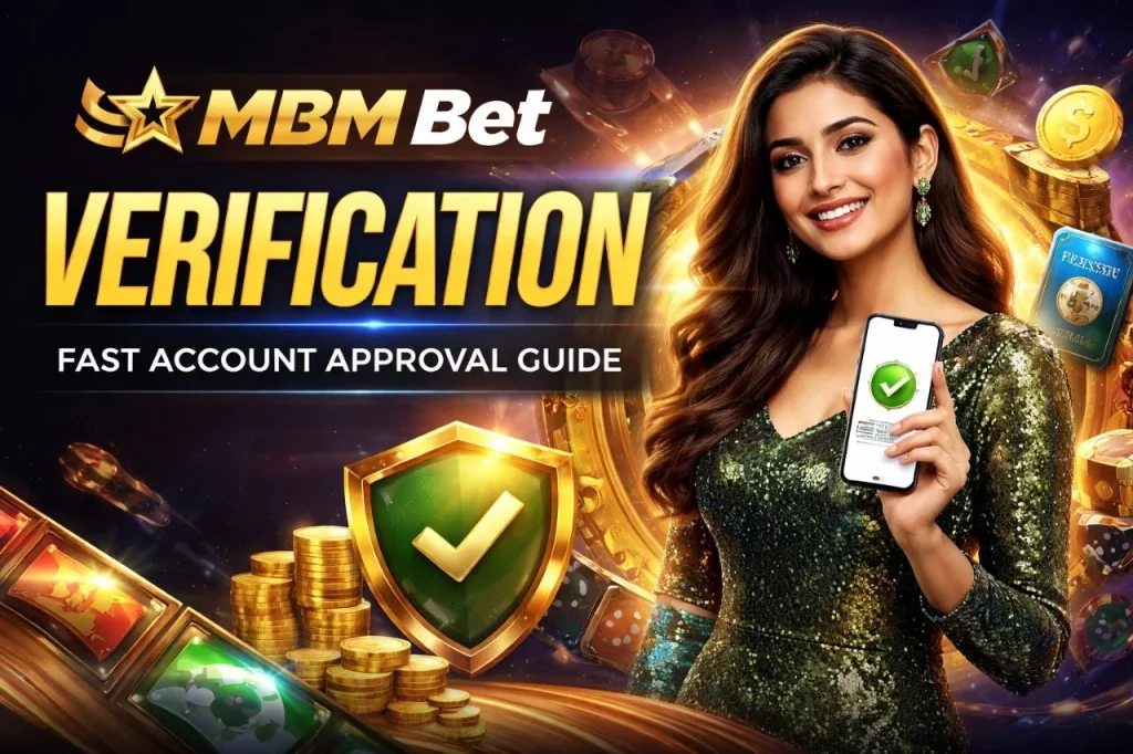 MBM Bet verification banner showing MBM Bet logo, account approval guide text, smartphone with verified checkmark, casino chips and secure payment symbols for India users