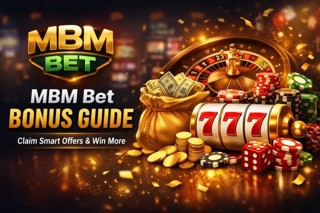 MBM Bet Bonus Guide banner with casino elements, gold coins, slot machine and roulette, promoting smart offers and winning strategies