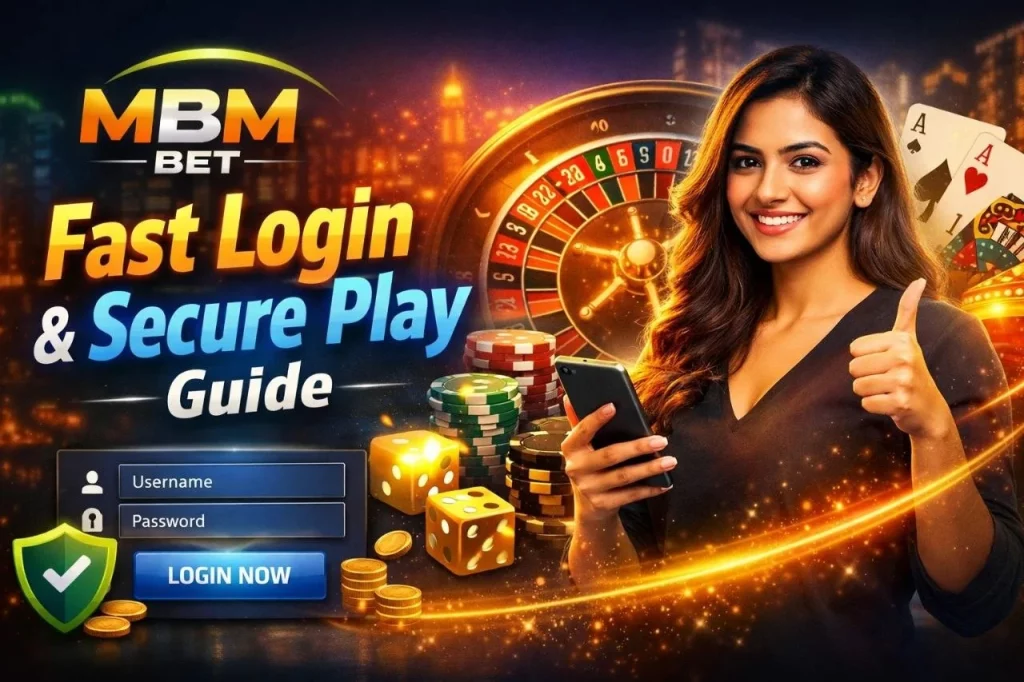 MBM Bet Login Guide banner with secure login interface, mobile user, casino chips, roulette and glowing effects promoting fast access and safe gameplay