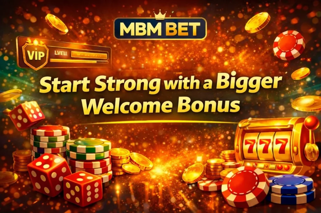 Casino welcome bonus banner with bright visuals promoting a bigger starting reward