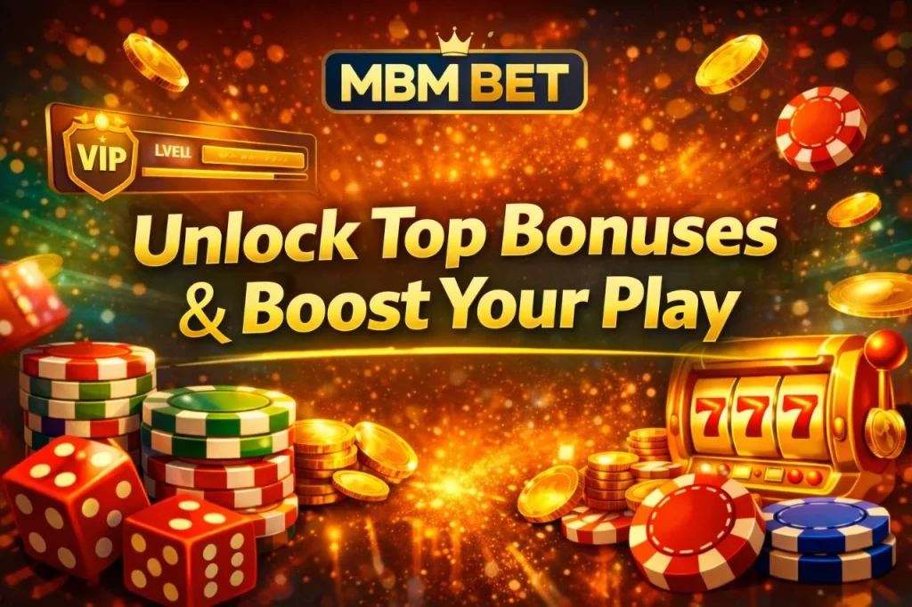 MBM Bet Bonus Offers banner with golden coins, slot machine 777, poker chips, and VIP elements, promoting top casino bonuses and enhanced gameplay experience