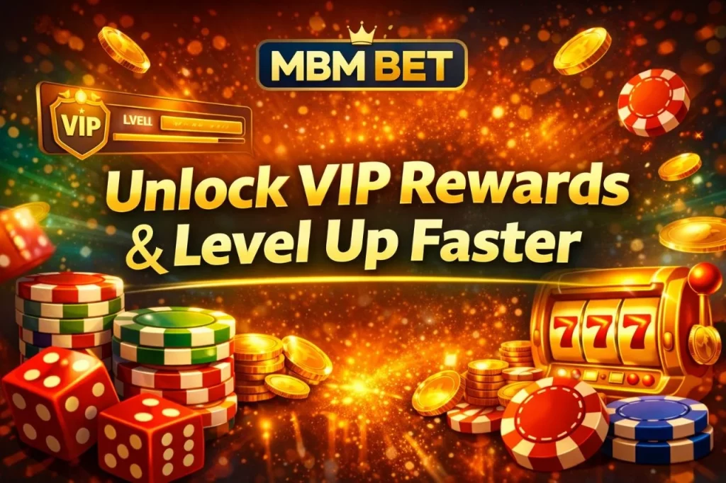 MBM Bet VIP Program banner with gold coins, poker chips, slot machine 777, and VIP badge, promoting elite rewards and casino loyalty levels