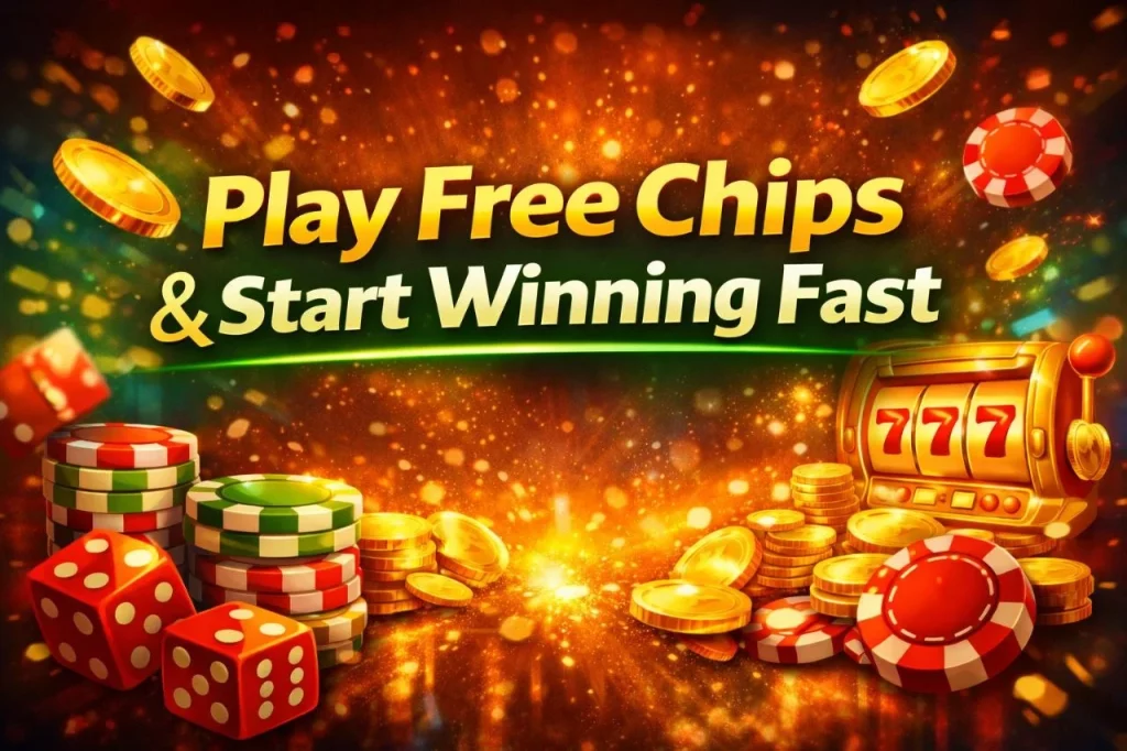 MBM Bet Free Chips banner with casino coins, slot machine 777, poker chips and dice, promoting free chips bonus and fast online winnings
