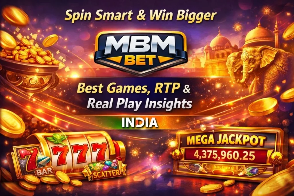 MBM Bet Slots banner featuring 777 slot machine, jackpot display, gold coins, and Indian-themed design promoting best slots, RTP, and real play insights in India