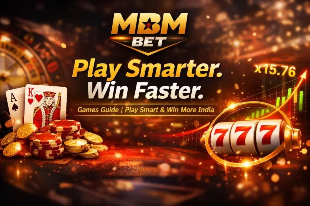 MBM Bet Games banner with casino elements, cards, chips, and slot reels in a dynamic winning scene