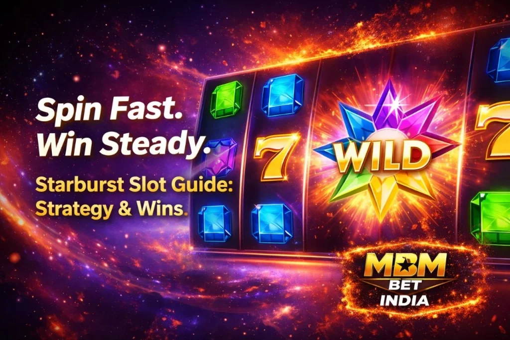 Starburst Slot banner on MBM Bet India with glowing reels, wild symbol, and vibrant cosmic background