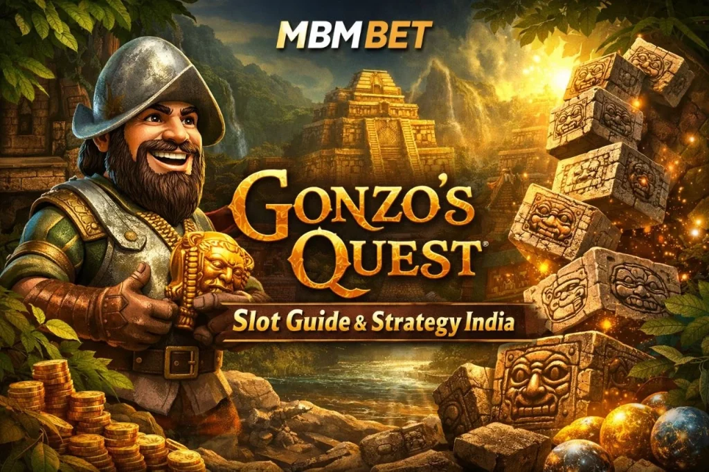 Gonzo’s Quest slot banner on MBM Bet India featuring jungle temple, cascading blocks, and adventure theme