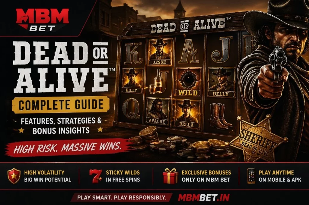 Dead or Alive slot banner on MBM Bet India with wild west theme, cowboy, reels with sticky wilds, and high volatility casino atmosphere