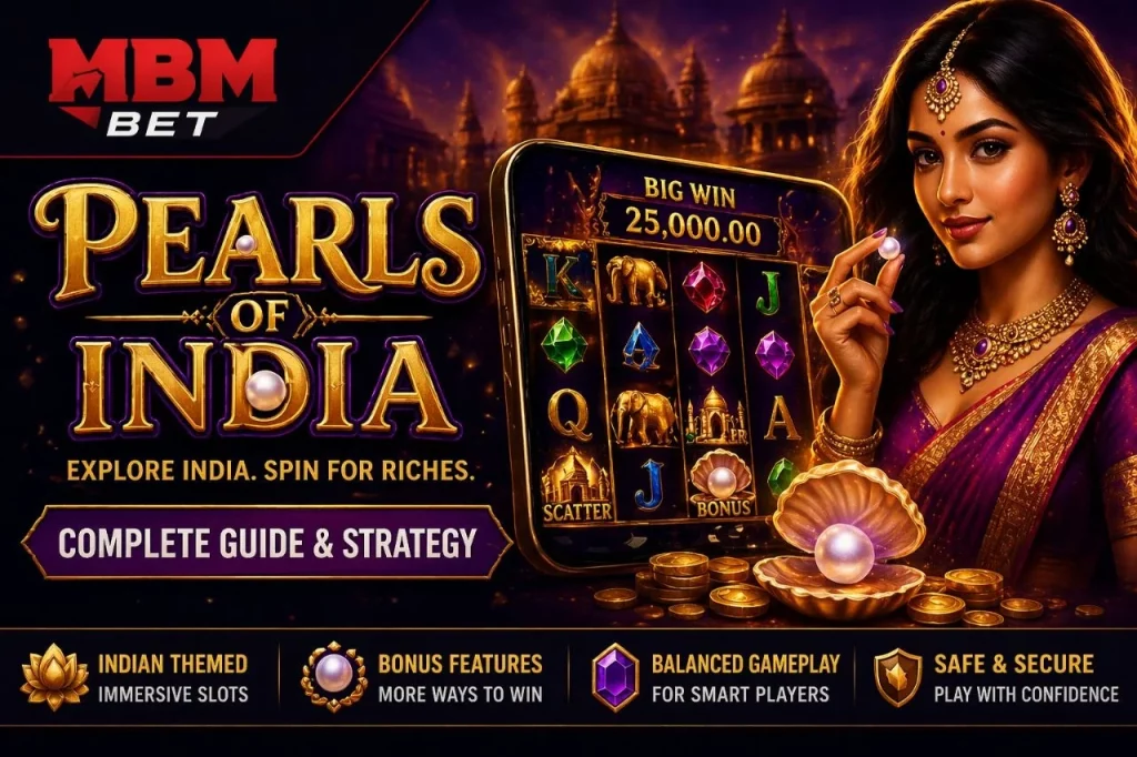 Pearls of India slot banner on MBM Bet India featuring golden jewels, Indian palace background, slot reels with bonus symbols, and luxury casino theme