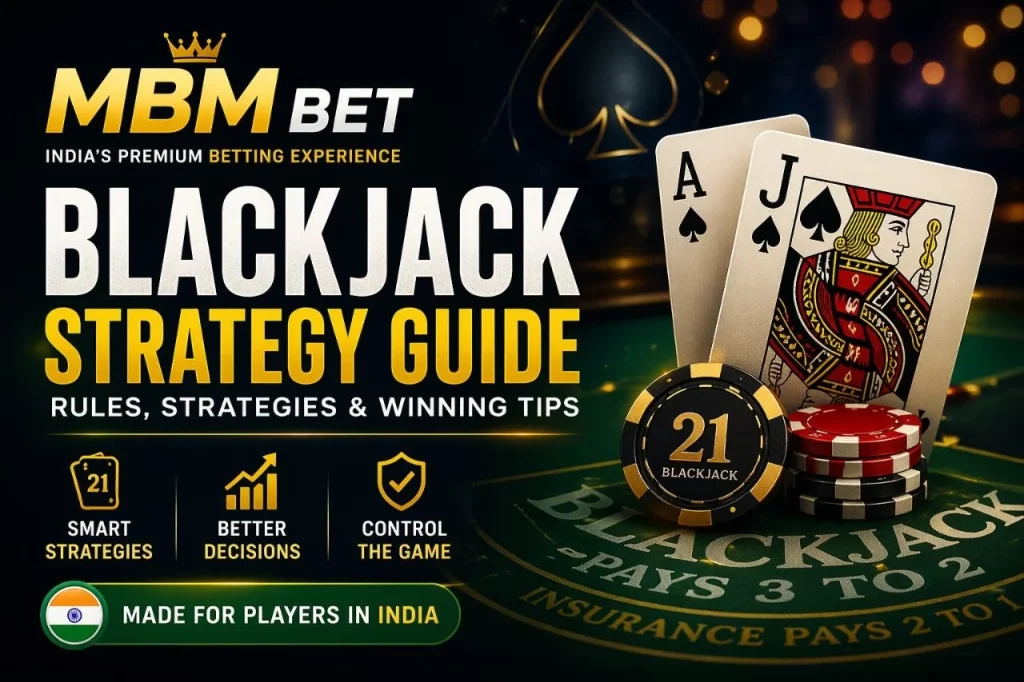 Blackjack strategy banner for MBM Bet India featuring playing cards (Ace and Jack), casino chips, green table, and bold “Blackjack Strategy Guide” headline in gold and white tones