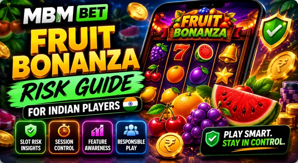 MBM Bet Fruit Bonanza risk guide banner for Indian players with colourful fruit slot reels, mobile casino screen, rupee coins, chips, and responsible play message.
