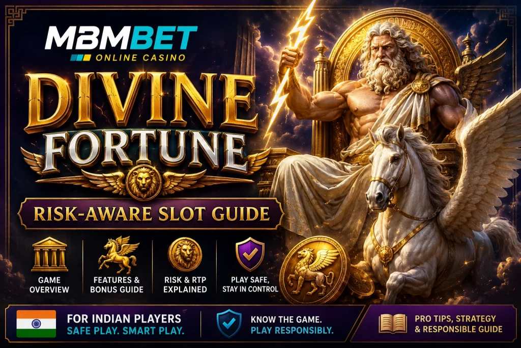 MBM Bet Divine Fortune risk-aware slot guide banner for Indian players with Greek mythology theme, Pegasus, golden coins, slot symbols, and responsible play message.