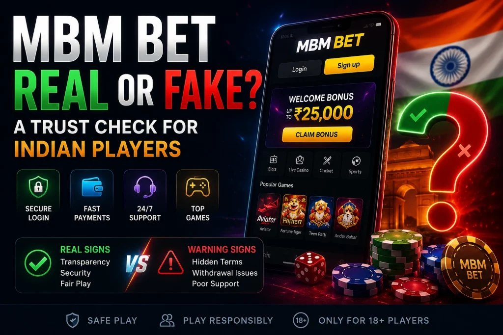 MBM Bet Real or Fake banner for Indian players featuring casino mobile app, security shield, fast payments, support icons, Indian flag, trust verification symbols, and real versus fake platform comparison.