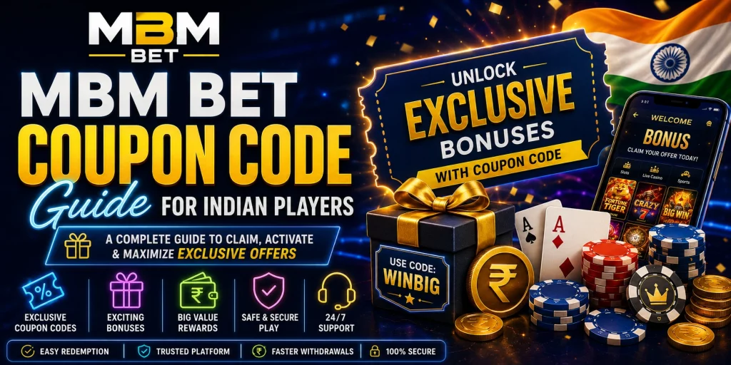 MBM Bet Coupon Code Guide banner for Indian players with casino coupon ticket, rupee coins, bonus gift box, mobile casino screen, chips, cards, and blue-gold neon design.