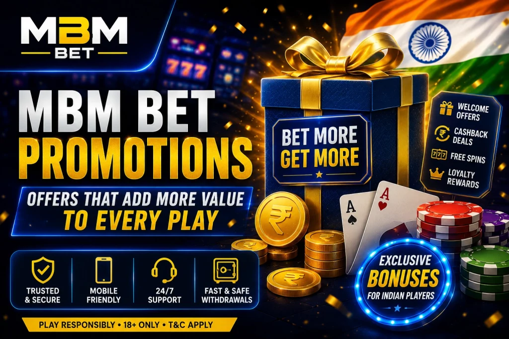 MBM Bet Promotions Guide banner for Indian players with casino gift box, rupee coins, playing cards, chips, bonus icons, and blue-gold neon casino design.