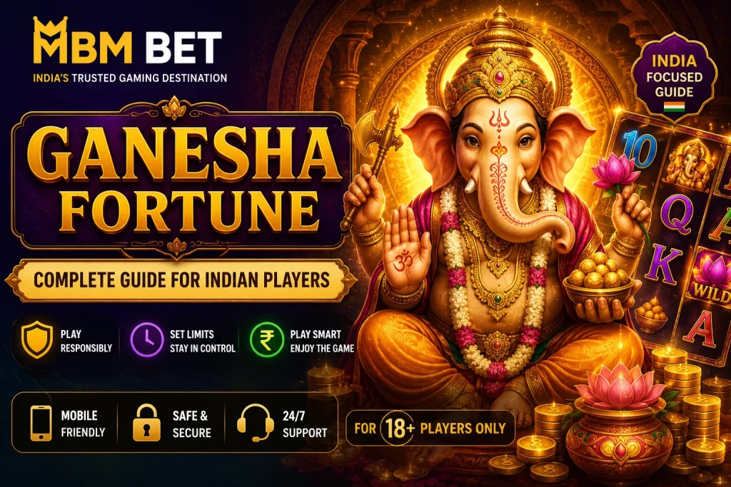 Ganesha Fortune MBM Bet banner for Indian players with golden Ganesha-inspired visuals, slot symbols, responsible gaming icons, and 18+ safety message.