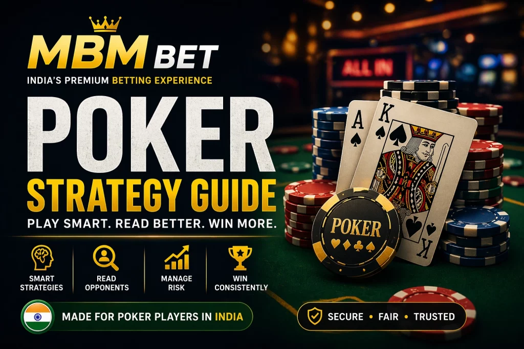 Poker strategy banner for MBM Bet India featuring ace and king cards, casino chips, dark premium background, and bold “Poker Strategy Guide” headline in gold and white