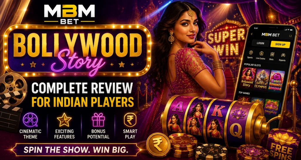 MBM Bet Bollywood Story slot review banner for Indian players with Bollywood-style casino theme, slot reels, mobile casino screen, rupee coins, chips, and neon purple-gold design.