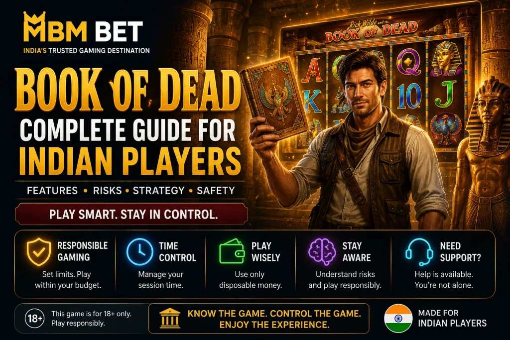 Book of Dead MBM Bet banner for Indian players with Egyptian slot visuals, gold temple background, responsible gaming icons, and safety-focused guide text.