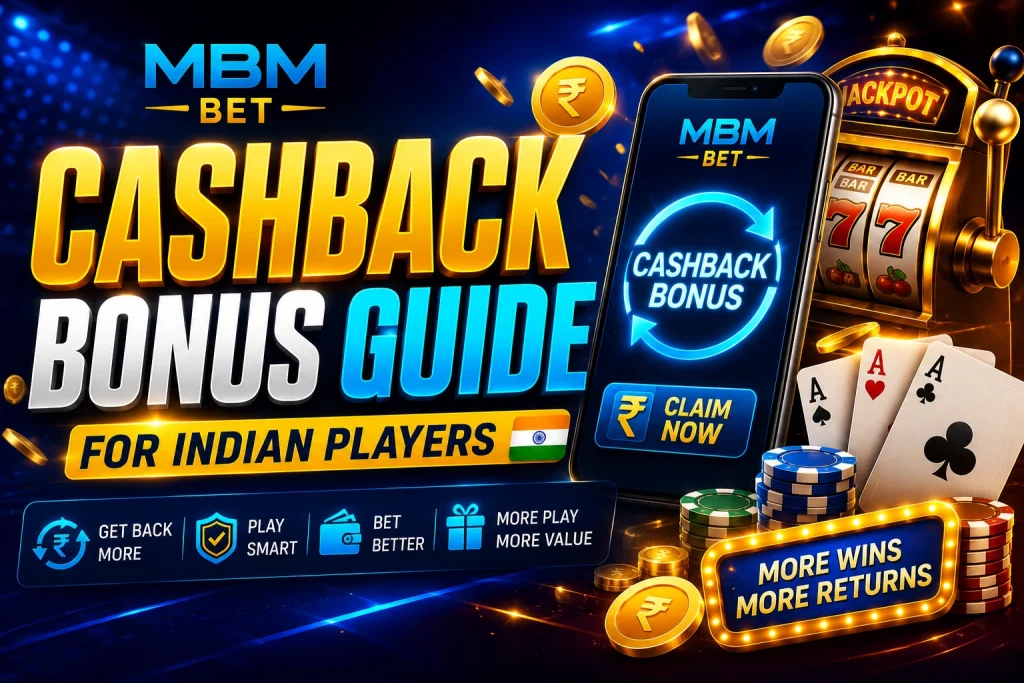 MBM Bet Cashback Bonus Guide banner for Indian players with casino chips, smartphone, slot machine, cashback icons, and neon blue-gold gaming design