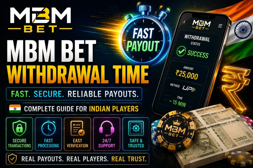 MBM Bet Withdrawal Time banner for Indian players with fast payout stopwatch, mobile withdrawal status, UPI payment visual, rupee symbol and secure transaction icons.