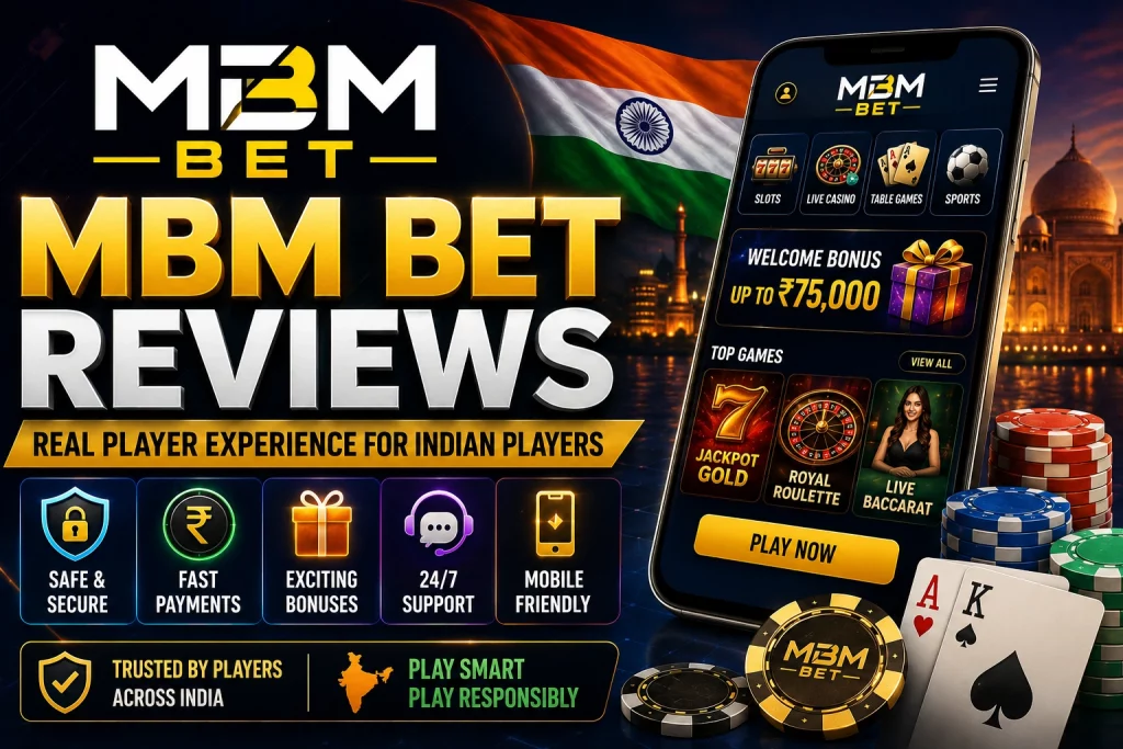 MBM Bet Reviews banner for Indian players with mobile casino interface, payment icons, bonus visuals, poker chips, cards and India-themed background.