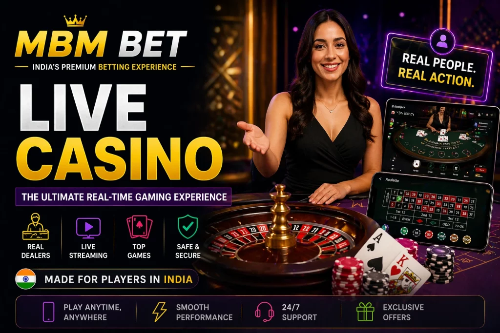 Live Casino interface showing real-time dealer games and live betting tables