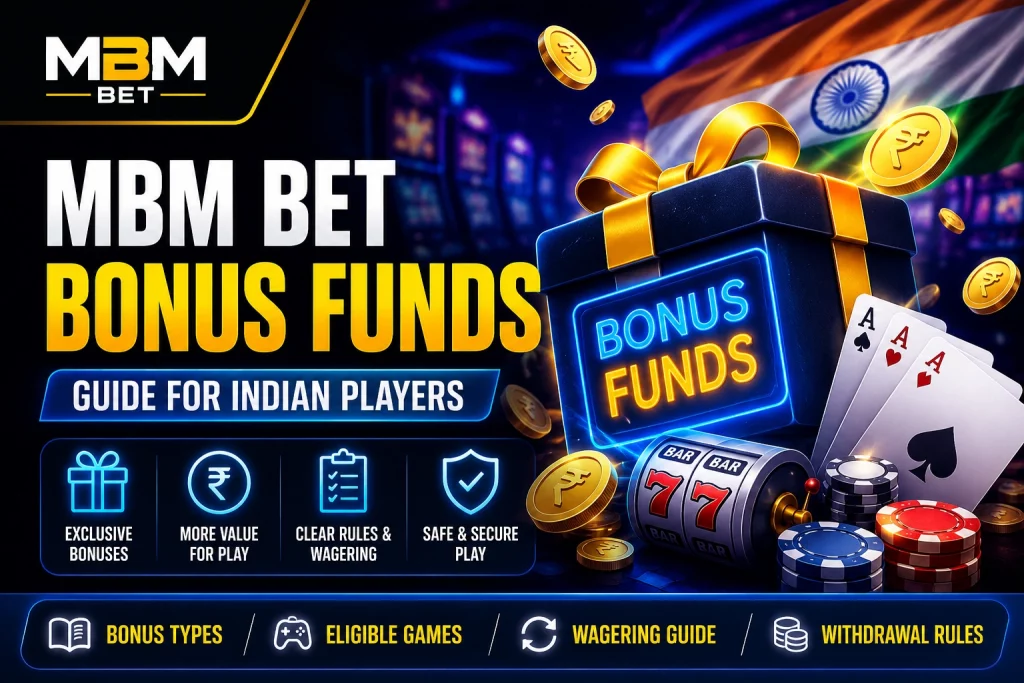 MBM Bet Bonus Funds Guide for Indian players banner featuring neon casino elements, bonus gift box, Indian rupee coins, slot machine, playing cards, and blue-gold premium gaming design