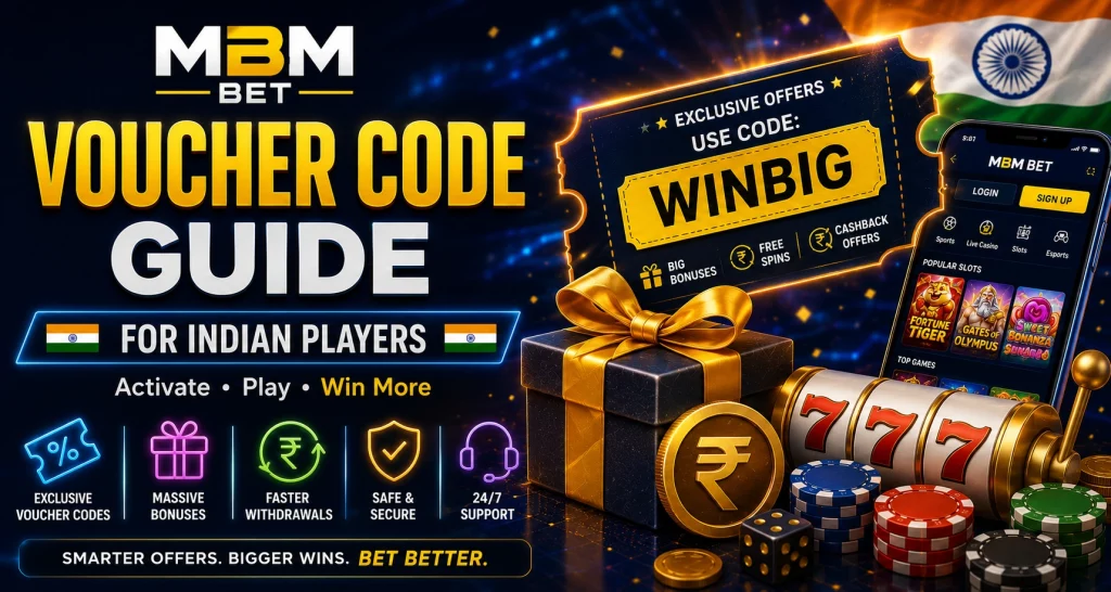 MBM Bet Voucher Code Guide banner for Indian players with voucher ticket, casino gift box, rupee coin, slot machine, mobile app screen, chips, and blue-gold neon design.