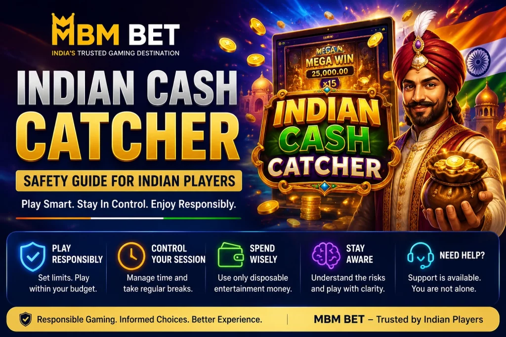 Indian Cash Catcher safety guide banner for MBM Bet with Indian-themed casino visuals, gold coins, responsible gaming icons, and bold article title.