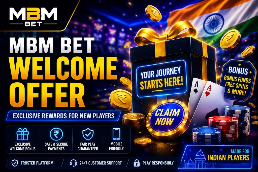 MBM Bet Welcome Offer Guide banner for Indian players with casino gift box, rupee coins, playing cards, chips, neon blue-gold design, and welcome bonus theme.