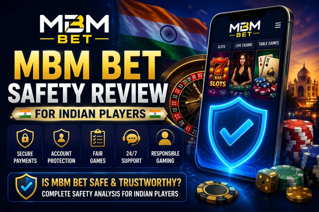 MBM Bet Safety Review banner for Indian players with secure payment shield, casino games, mobile interface and responsible gaming icons.
