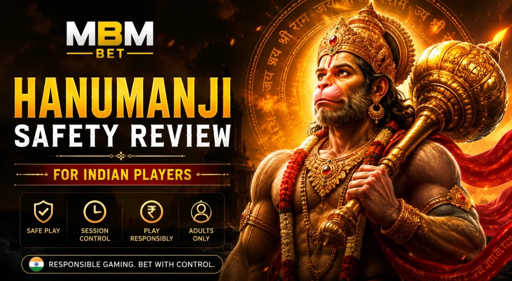 Hanumanji safety review banner for MBM Bet with Indian-inspired mythological artwork, golden casino styling, responsible gaming icons, and adult-only message.