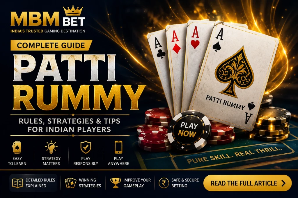 Patti Rummy guide banner for MBM Bet with playing cards, casino chips, strategy tips, Indian player focus, and Play Now call-to-action.