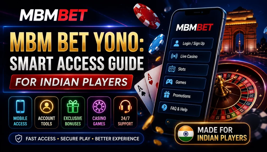 MBM Bet Yono smart access guide banner with mobile casino navigation, login and sign up options, slots, games, promotions, FAQ support, and Indian player focus.