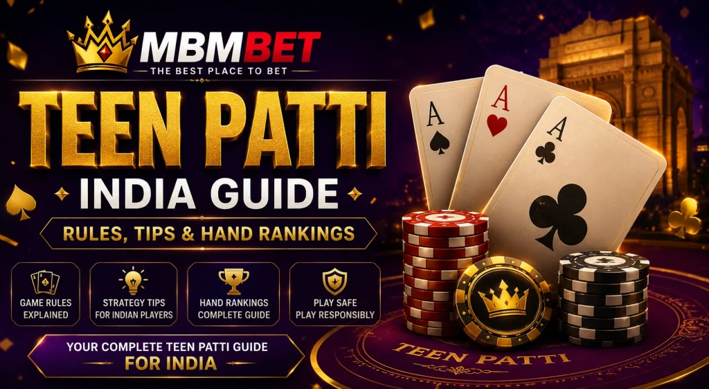 Banner for Teen Patti India Guide on MBM Bet with playing cards, casino chips, gold text and Indian gaming theme.